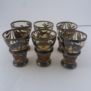 Antique set of 6 Handblown Amber Cordial or Shot Glasses w/Silver Overlay